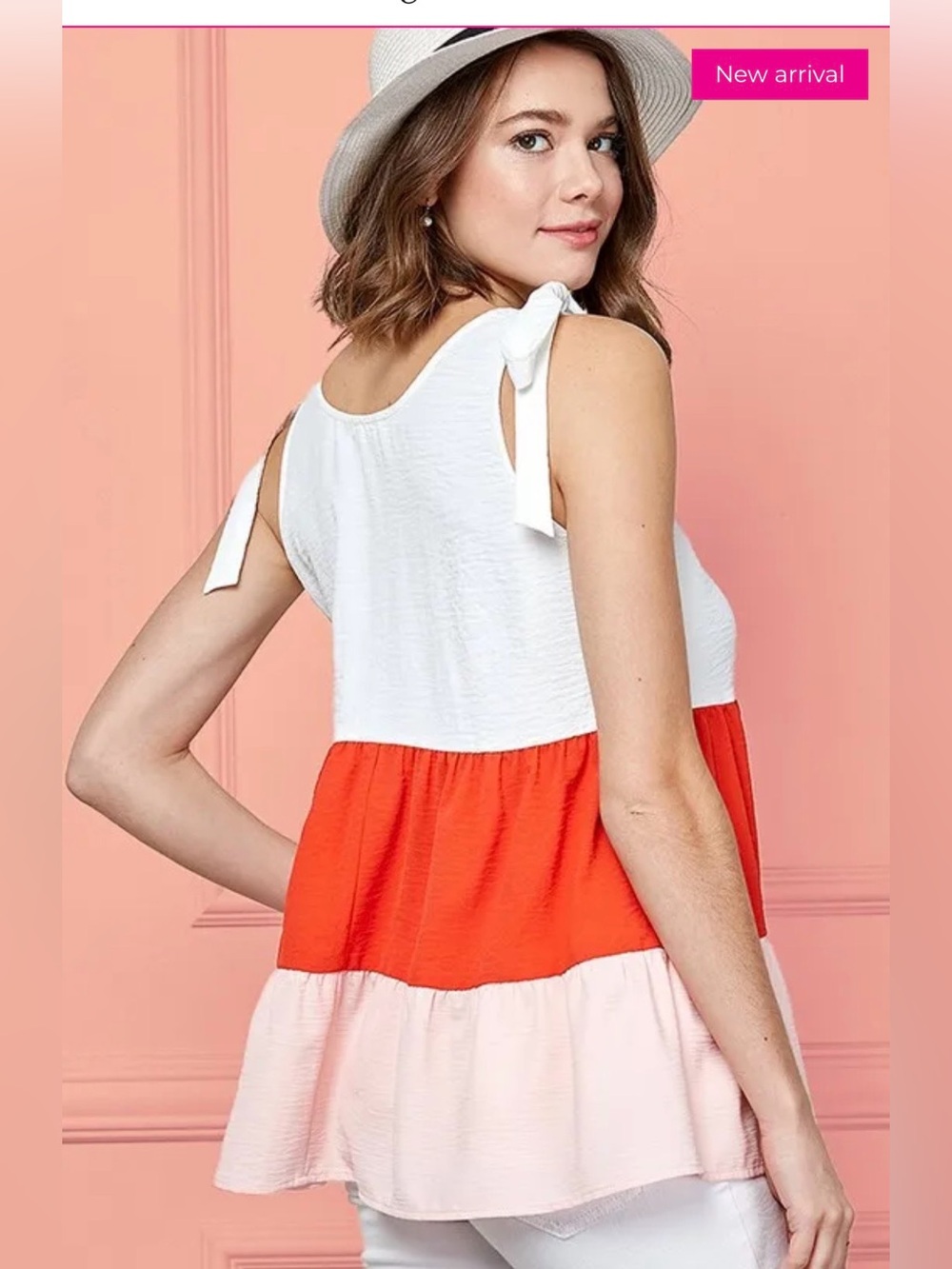 COLOR BLOCK BABYDOLL TIERED TANK SHIRT CORAL RED PINK WHITE SIZE MEDIUM NEW - Picture 7 of 14